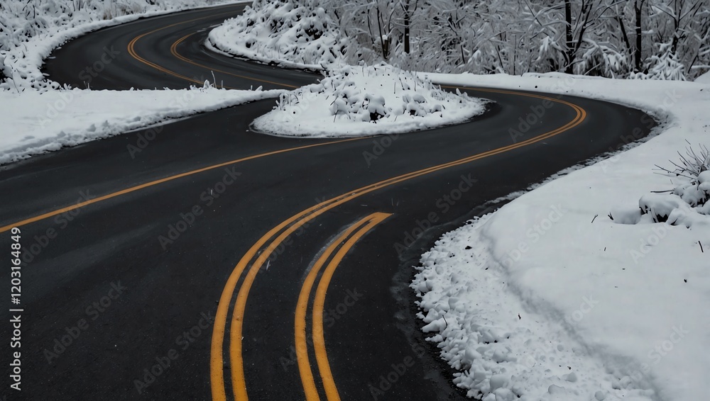 car on the road . A winding road with snow on the edges . Snowfall . Snowfall on the road