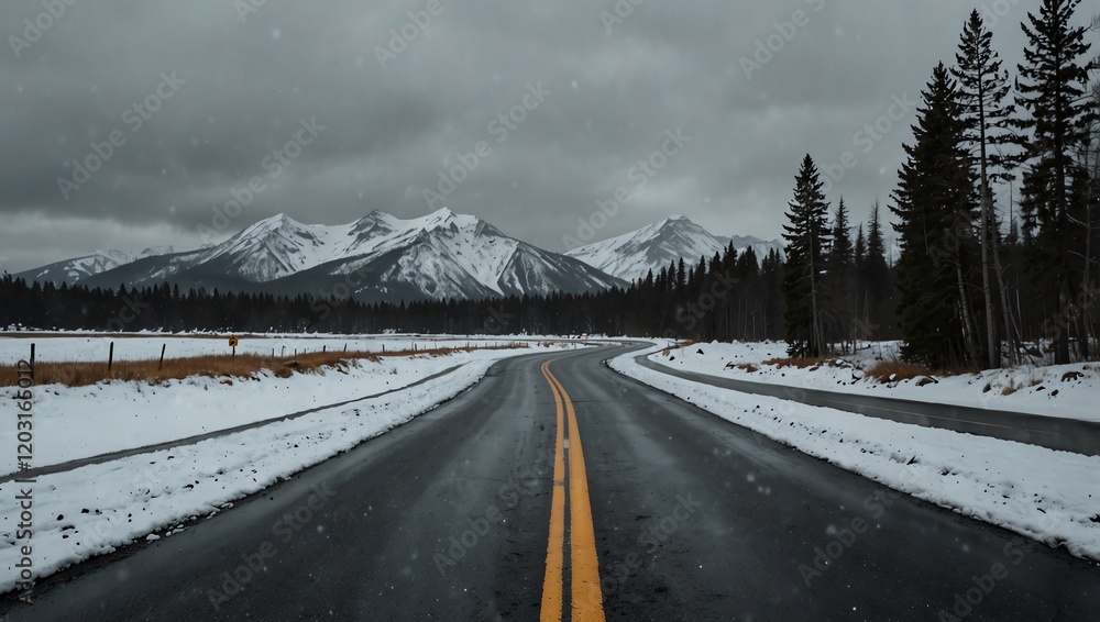 Road in winter . A cold road stretches towards snow-capped mountains under a gray sky, trees flank the sides.