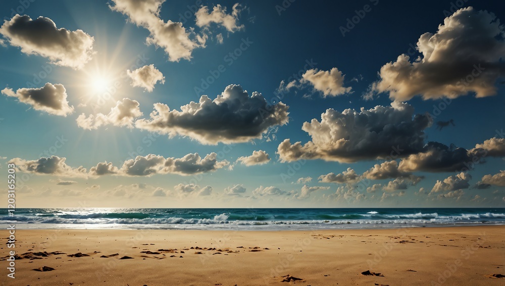 Clouds over the sea . A sunny beach scene with a bright sky filled with white clouds .