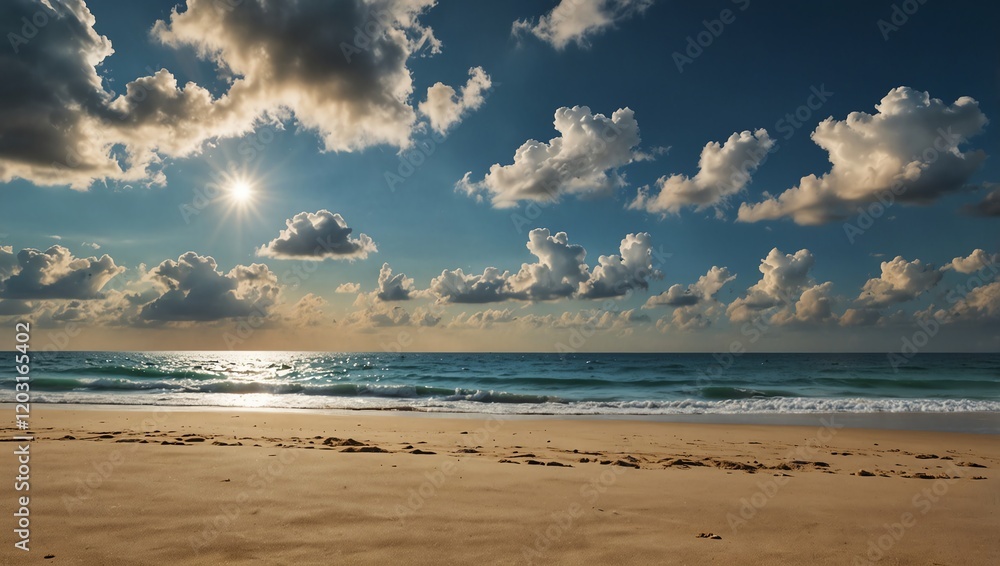 Beach at sunset . A beach scene with gentle waves and cloudy skies. Footprints trail across the sand with the sun gleaming over the water.