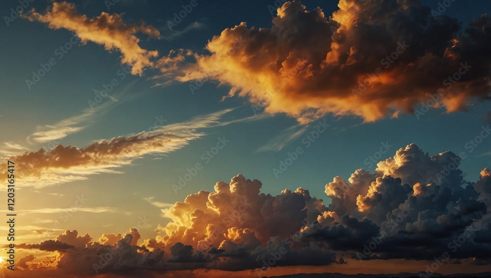 Sunset over the mountains . A sky with clouds is seen, featuring orange and blue coloring with a golden sunrise.