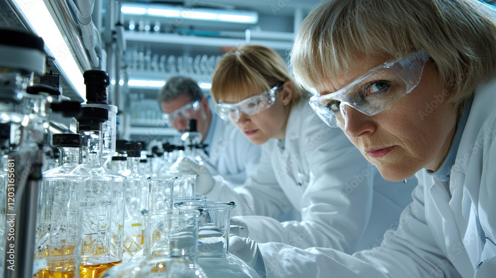 Collaborating scientists in laboratory, focused on experiments and research. Their teamwork highlights innovation and discovery in science Collaborating scientists in laboratory, focused on experiments and research. Their teamwork highlights innovation and discovery in science