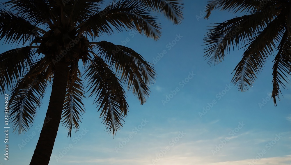 Coconut tree . Two palm trees are silhouetted against a bright blue sky.