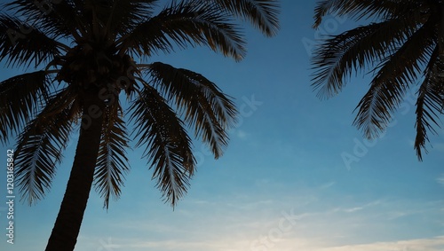 Obraz na płótnie Coconut tree . Two palm trees are silhouetted against a bright blue sky. w salonie