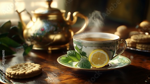 cup of tea with lemon in ceramic cup and teapot photo