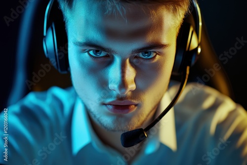 Focused gamer boy wearing headset at night	