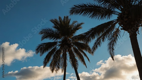 Palm trees on the beach . Silhouetted palm trees reach towards a blue sky with soft clouds. 