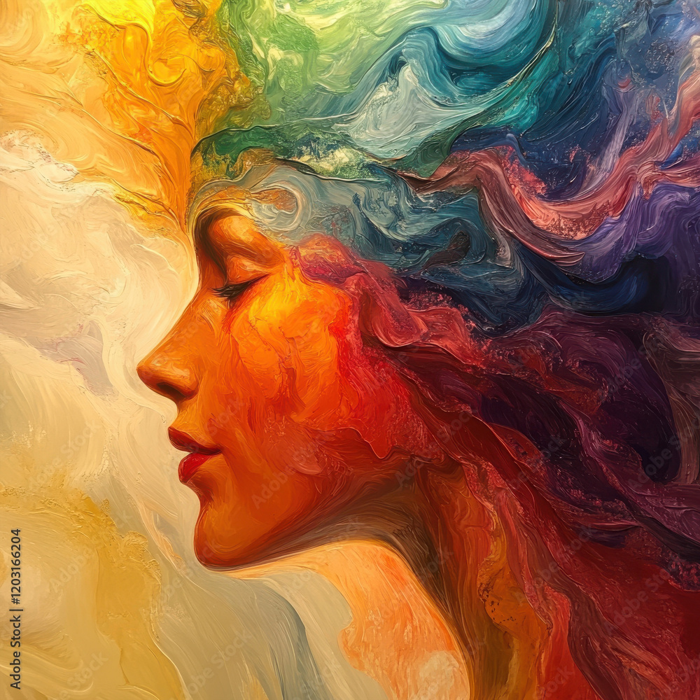 Vibrant colors and flowing patterns depict a serene figure with a colorful head of hair in a surreal artwork Vibrant colors and flowing patterns depict a serene figure with a colorful head of hair in a surreal artwork