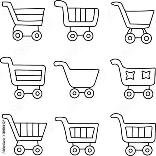 Pixel perfect thin line icon set of shopping cart trolley basket. Isolated on a transparent background. Simple flat design