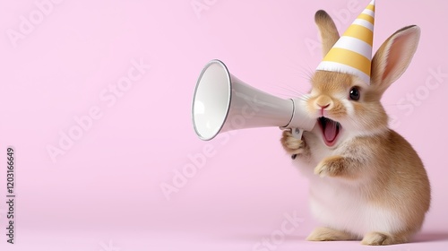 A cute bunny wearing a yellow and white striped party hat enthusiastically shouting into a white megaphone on a pastel pink background, evoking a festive and playful vibe