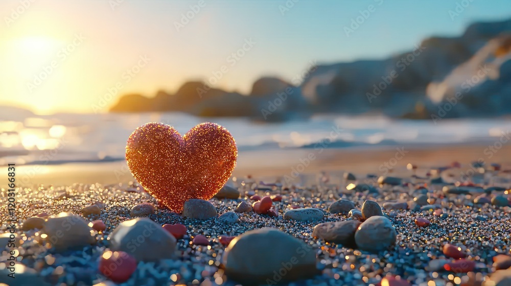 Fototapeta premium Glittering heart on rocky beach at sunset with ocean waves