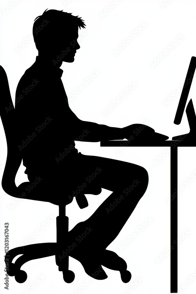 Man silhouette working at computer desk
