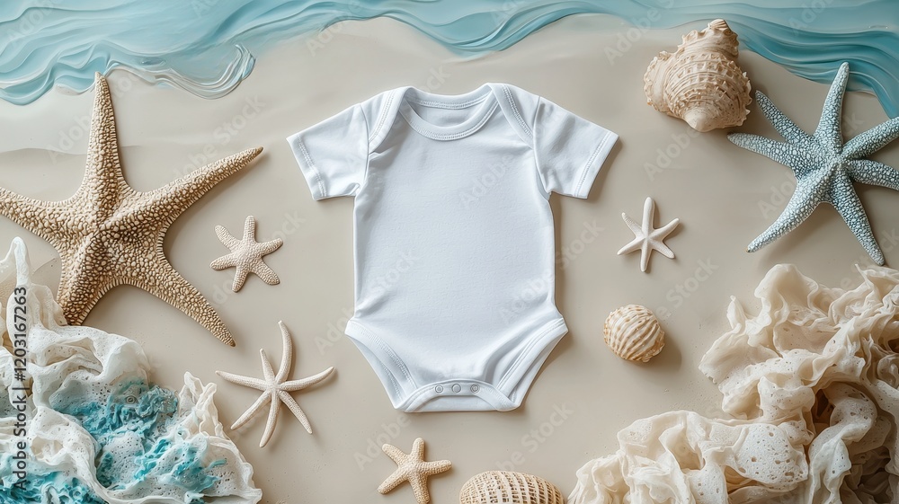 A plain white baby onesie surrounded by seashells and starfish on a sandy beach, evoking a coastal, playful vibe. A plain white baby onesie surrounded by seashells and starfish on a sandy beach, evoking a coastal, playful vibe.