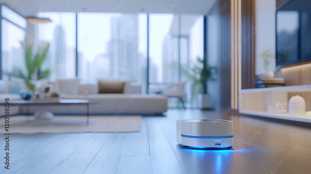 Fototapeta premium Modern robot vacuum quietly cleans sleek living room floor soft blue light illuminates. AI Generated