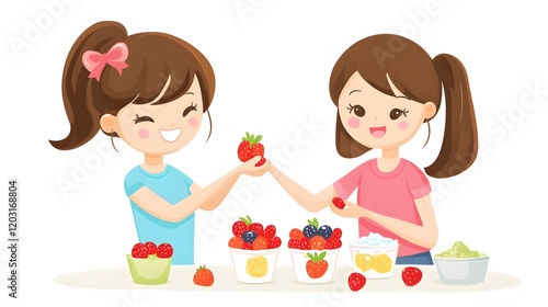 Two girls happily prepare fruit parfaits together