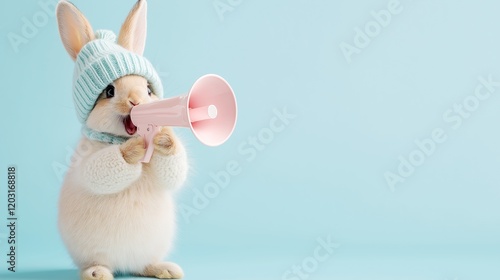 A fluffy rabbit wearing a knitted hat, holding a small pink megaphone against a pastel blue background, speaks loudly into a microphone, promotion, sale and discounts, message and important informatio