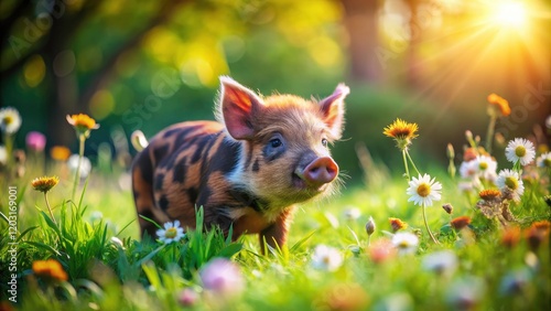 Rare Breed Kunekune Piglet in a Serene Pastoral Setting with Copy Space for Text and Branding photo