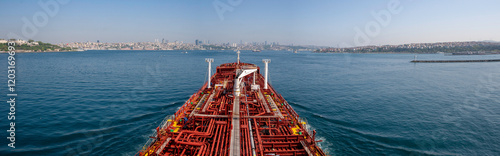 Konstfotografi Red oil, chemical tanker entering Bosporus strait in Turkey