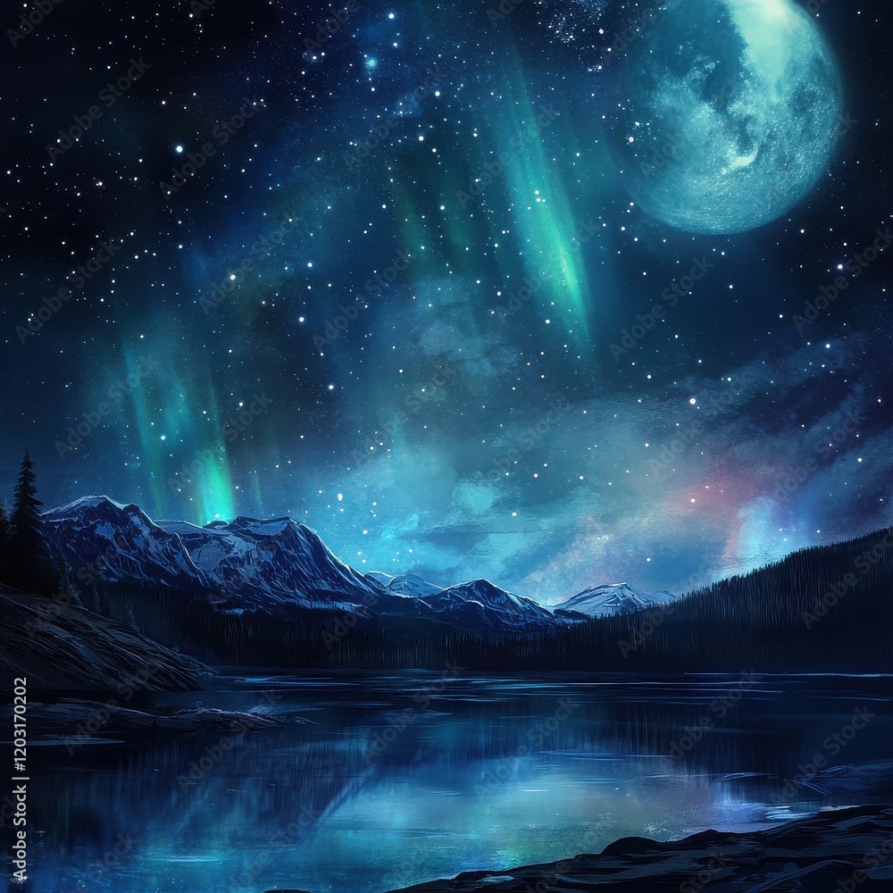 Celestial Symphony: A mesmerizing nightscape unfolds as shimmering auroras dance across a star-studded sky, illuminating a tranquil mountain lake and reflecting upon its placid surface. Celestial Symphony: A mesmerizing nightscape unfolds as shimmering auroras dance across a star-studded sky, illuminating a tranquil mountain lake and reflecting upon its placid surface.
