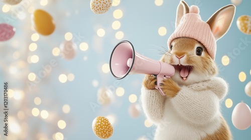 A charming bunny wearing a pink hat and holding a pastel megaphone against a dreamy backdrop with floating Easter eggs and soft bokeh lights. Easter, and festive designs