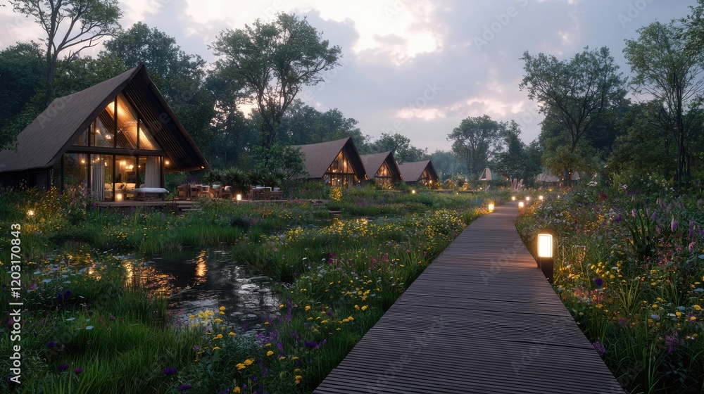 Lakeside A-frame cabins, sunset, floral path, tranquil retreat. Ideal for travel brochures Lakeside A-frame cabins, sunset, floral path, tranquil retreat. Ideal for travel brochures
