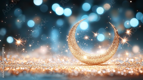 An illustration of sparkling crescent moon suspended among glowing string lights against a dark blue bokeh background, Muslim holy fast of Ramadan photo