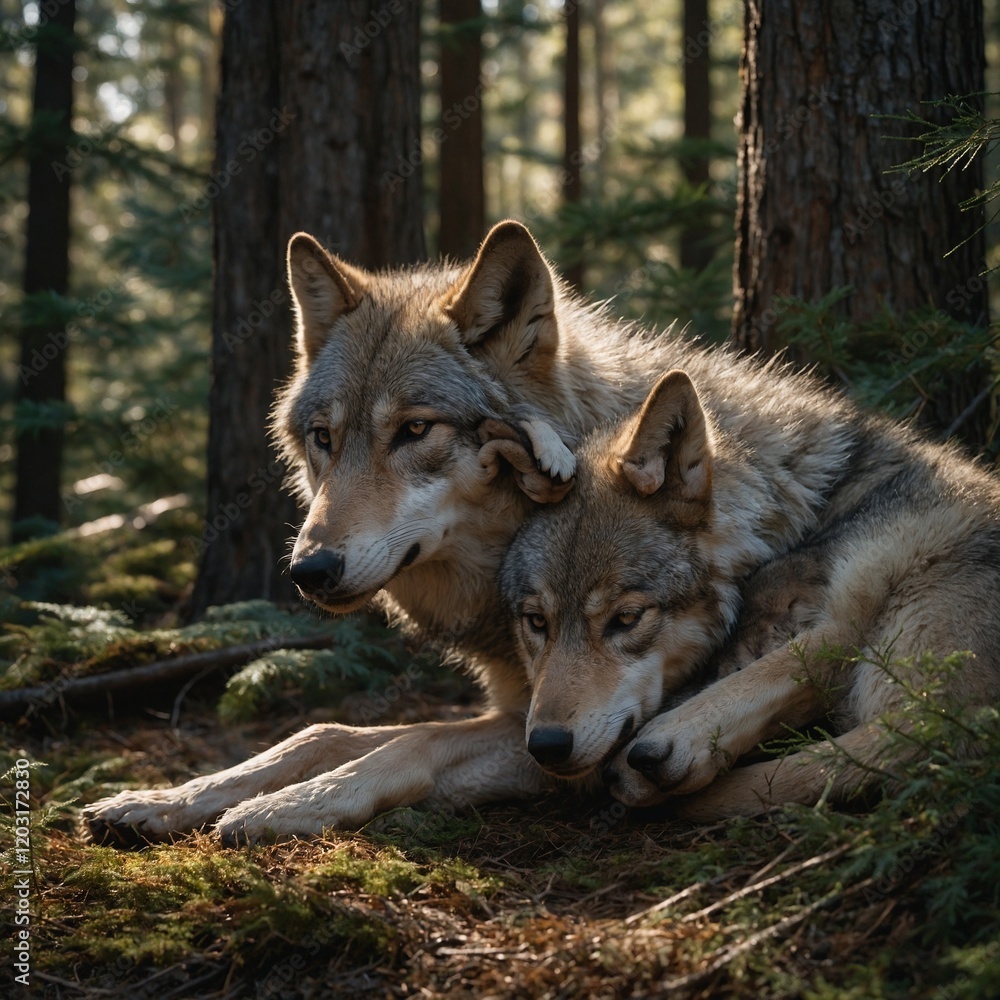 Fototapeta premium wolf in the forest. European Grey Wolf, Canis lupus in a german parkgray wolf lupus.