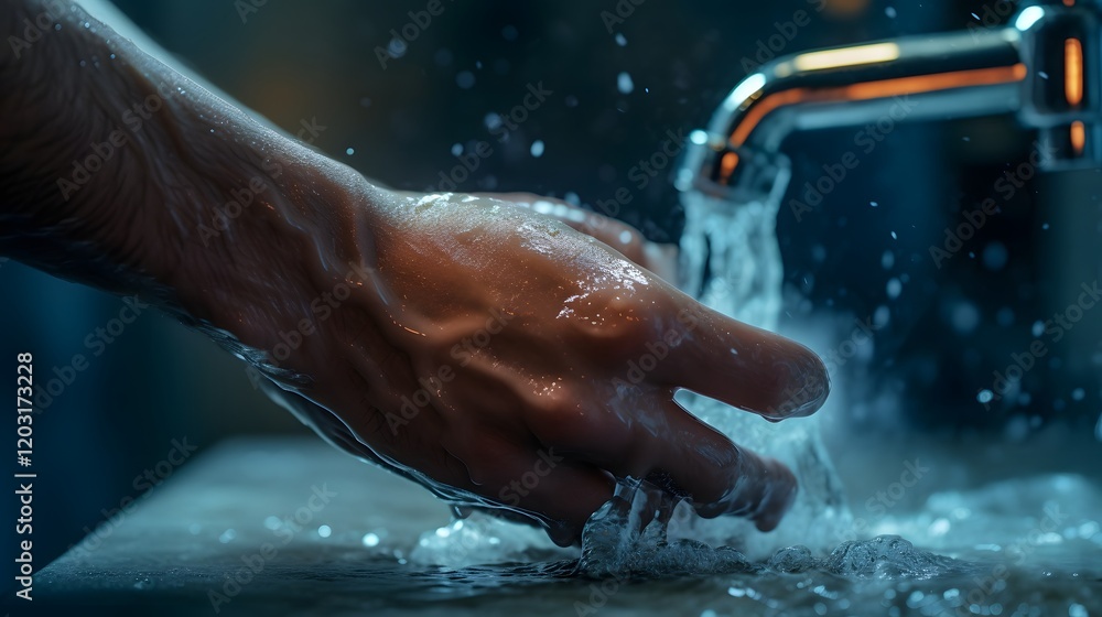 Fototapeta premium A person standing at a bathroom sink washing their hands thoroughly under running water and lathering up with soap to create a soapy foam