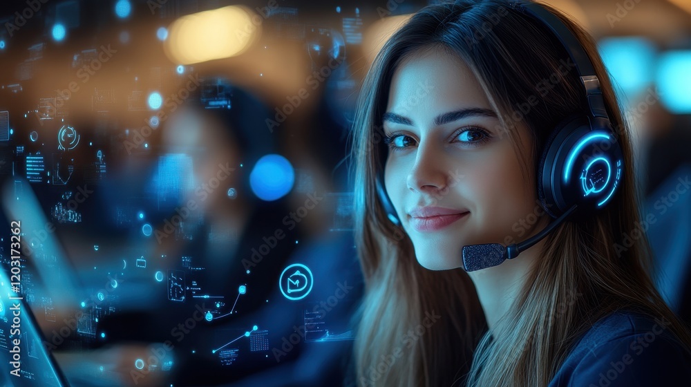 Smiling female call center agent with headset and digital icons