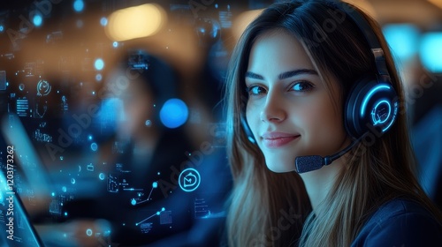 Obraz na płótnie Smiling female call center agent with headset and digital icons w salonie