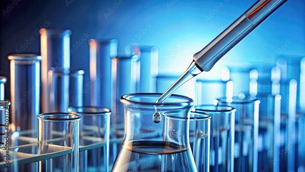 A precise laboratory pipette measuring out a small amount of liquid from a beaker into a test tube with a dropper attached on top, scientific instruments, laboratory tools A precise laboratory pipette measuring out a small amount of liquid from a beaker into a test tube with a dropper attached on top, scientific instruments, laboratory tools