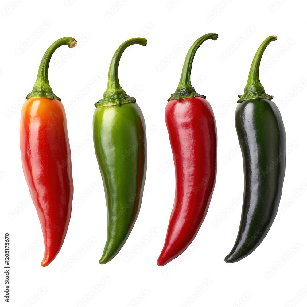 Colorful Array of Fresh Chili Peppers Isolated on White Background – Vibrant Red, Green, Yellow and Black Peppers for Culinary Inspiration Colorful Array of Fresh Chili Peppers Isolated on White Background – Vibrant Red, Green, Yellow and Black Peppers for Culinary Inspiration