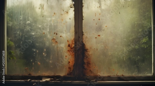 Close up view of a dirty window glass surface with smudges fingerprints and grime that partially obstructs the view through the transparent surface