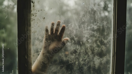 Closeup view of a dirty glass window with fingerprints streaks and blotchy smudges that partially block and distort the view on the other side photo