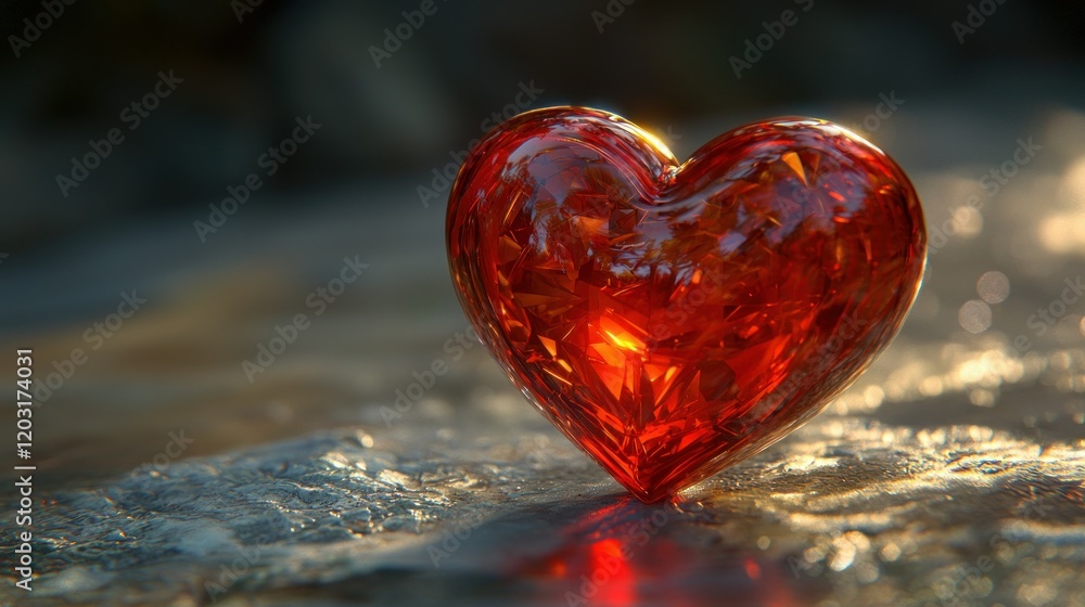 Glowing red glass heart on rock at sunset, bokeh background Glowing red glass heart on rock at sunset, bokeh background