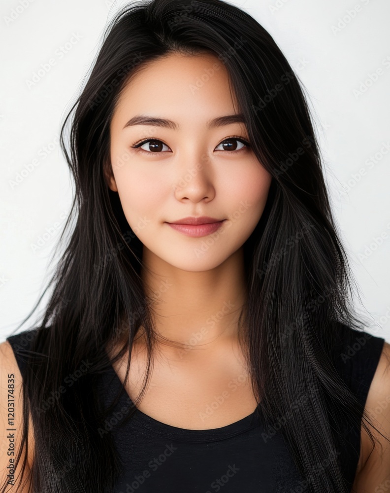 Korean beauty model with long black hair in front view on white background, perfect for beauty and fashion advertising Korean beauty model with long black hair in front view on white background, perfect for beauty and fashion advertising