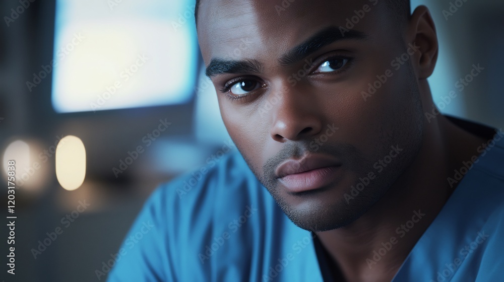 Focused young doctor intensely gazes directly at camera soft warm light illuminates his face. AI Generated Focused young doctor intensely gazes directly at camera soft warm light illuminates his face. AI Generated