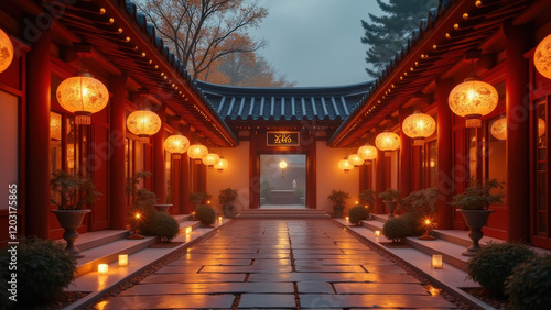 Wallpaper Mural Serene Asian Garden Pathway at Dusk - Asian-inspired design Torontodigital.ca