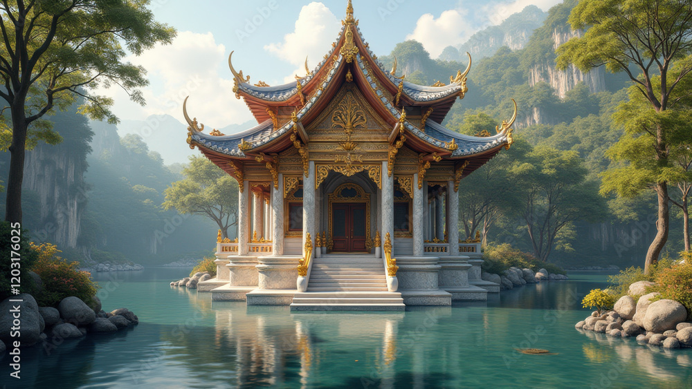 Fototapeta premium Serene Asian Temple Lake House 3D Render - 3D renders: The image is.