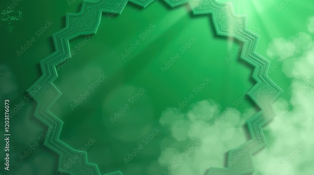 Fototapeta premium 3D render, abstract green design, Ramadan and Eid al-Fitr greetings. Intense dramatic weather portrayed through a surreal infrared 