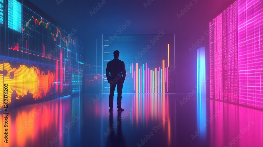 Businessman analyzing data on holographic screens in a futuristic setting. Businessman analyzing data on holographic screens in a futuristic setting.