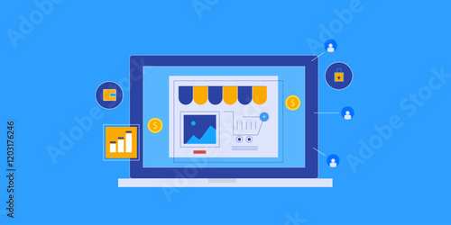 Online shopping, ecommerce web store, secure digital purchase growth analytics sales concept, Vector illustration banner.