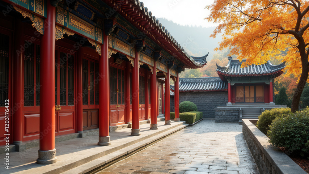 Serene Autumn Temple Courtyard in China - Autumn/Fall themes Serene Autumn Temple Courtyard in China - Autumn/Fall themes