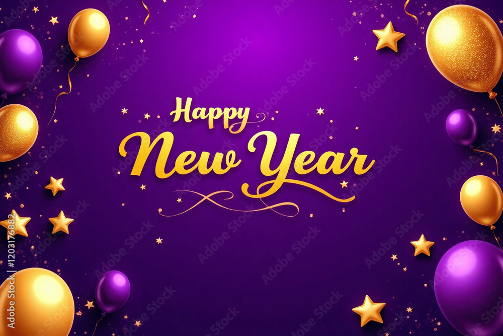 Happy New Year in cursive on purple with balloons and stars around Happy New Year in cursive on purple with balloons and stars around