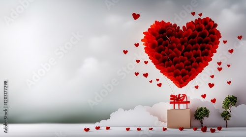 Red heart balloon ascends gently on clouds soft light romantic ambiance. AI Generated