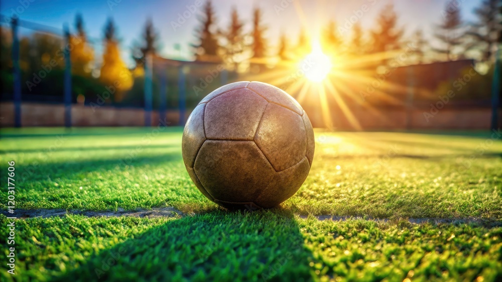 Fototapeta premium Surreal Scene of an Old Ball Resting on Artificial Grass with Sunlight Flare for Dreamlike Atmosphere and Unique Visual Appeal