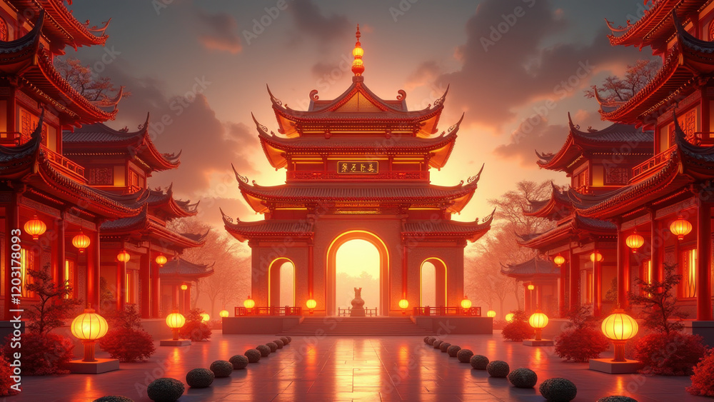 Serene Chinese Temple Sunset Gate - Asian Architecture Serene Chinese Temple Sunset Gate - Asian Architecture
