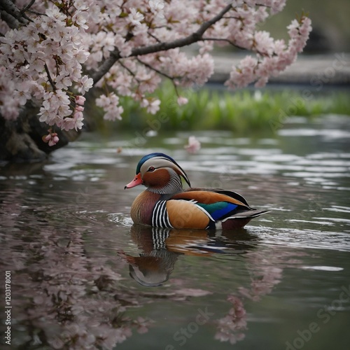 Wallpaper Mural A mandarin duck gliding on a serene pond surrounded by cherry blossoms. Torontodigital.ca