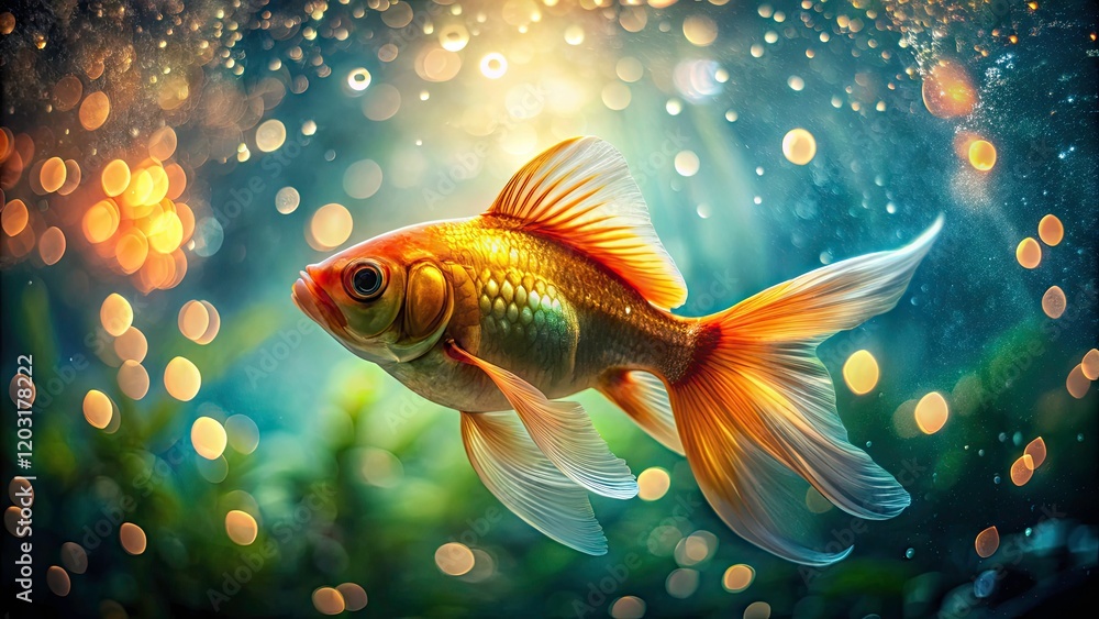Tranquil Goldfish in Serene Aquarium - Low Light Photography for Nature and Calm Themes Tranquil Goldfish in Serene Aquarium - Low Light Photography for Nature and Calm Themes