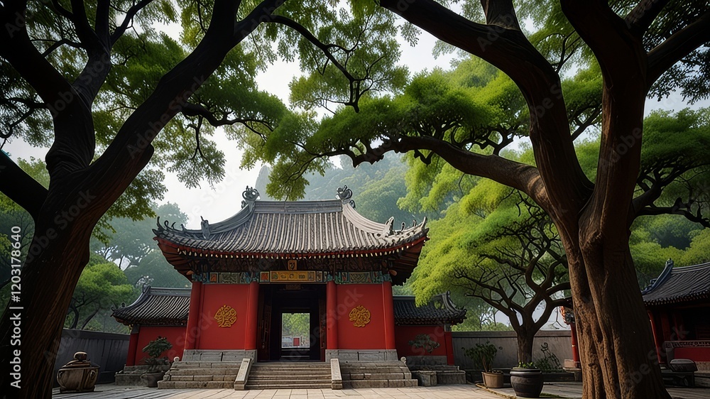 Traditional temple of Chinese peoples with trees Traditional temple of Chinese peoples with trees